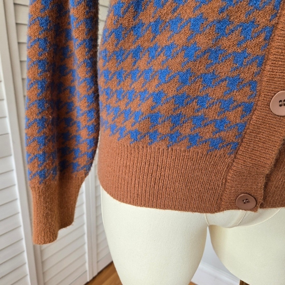 Brown & Blue Mixed Houndstooth Knit Cardigan Size L Cozy Soft Preppy Retro Fall - Picture 5 of 9